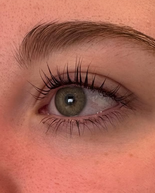 Close-up of an eye with lifted, evenly separated lashes and a neatly shaped, tinted eyebrow following a Korean lash lift and brow tint and wax treatment.